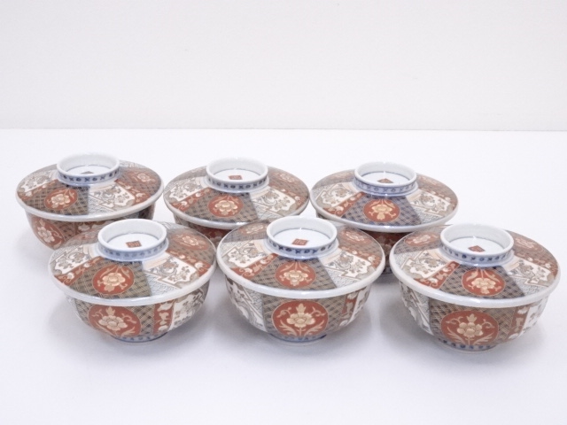 明治期　伊万里焼　染錦蒸碗6客